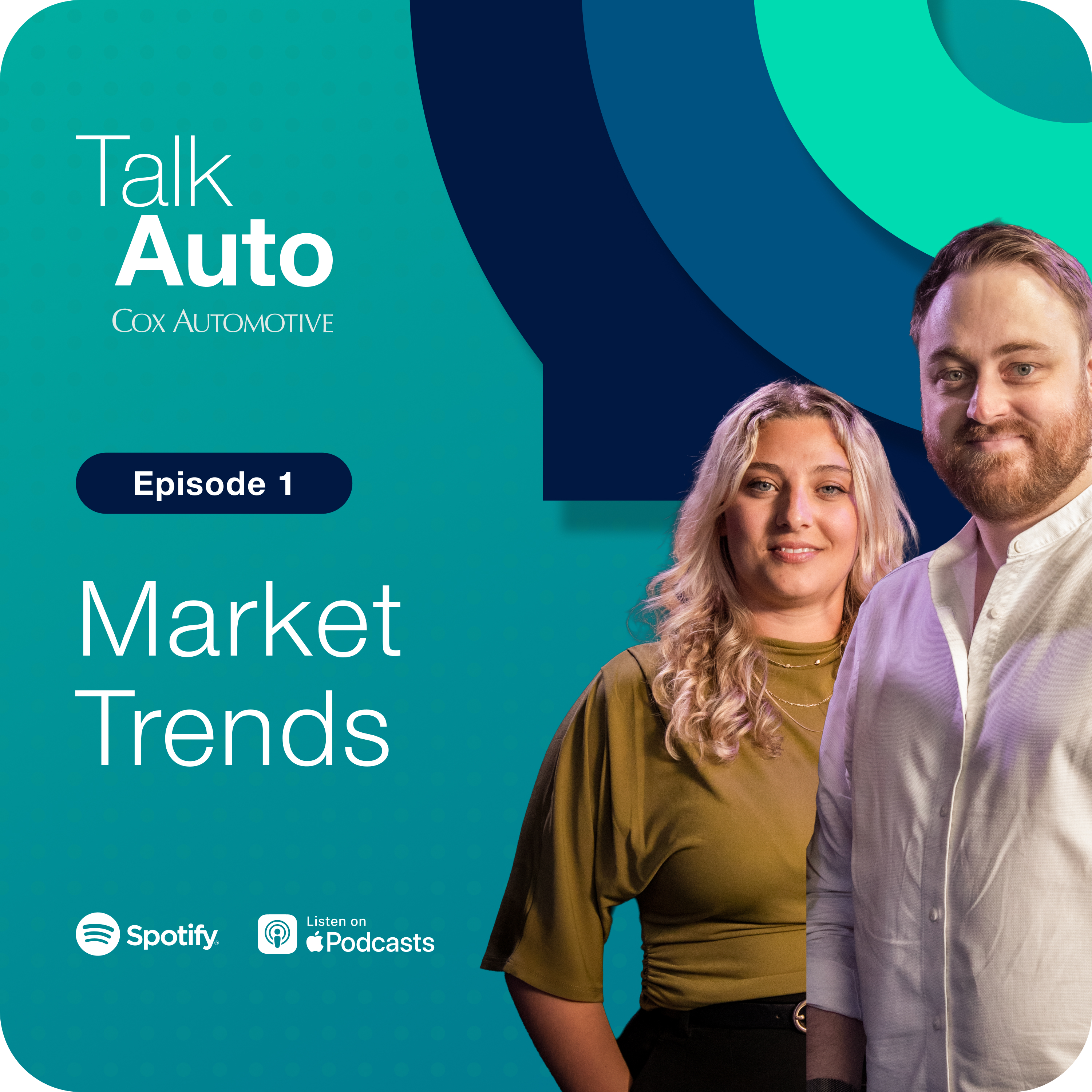 Talk Auto podcast hosts in Episode 1 cover art on market trends in the automotive industry.