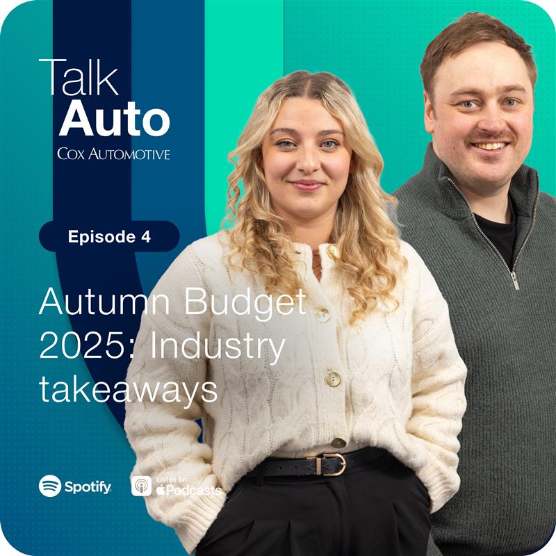 Talk Auto podcast cover, Episode 4 on Autumn Budget 2025 industry takeaways, available on Spotify and Apple Podcasts.