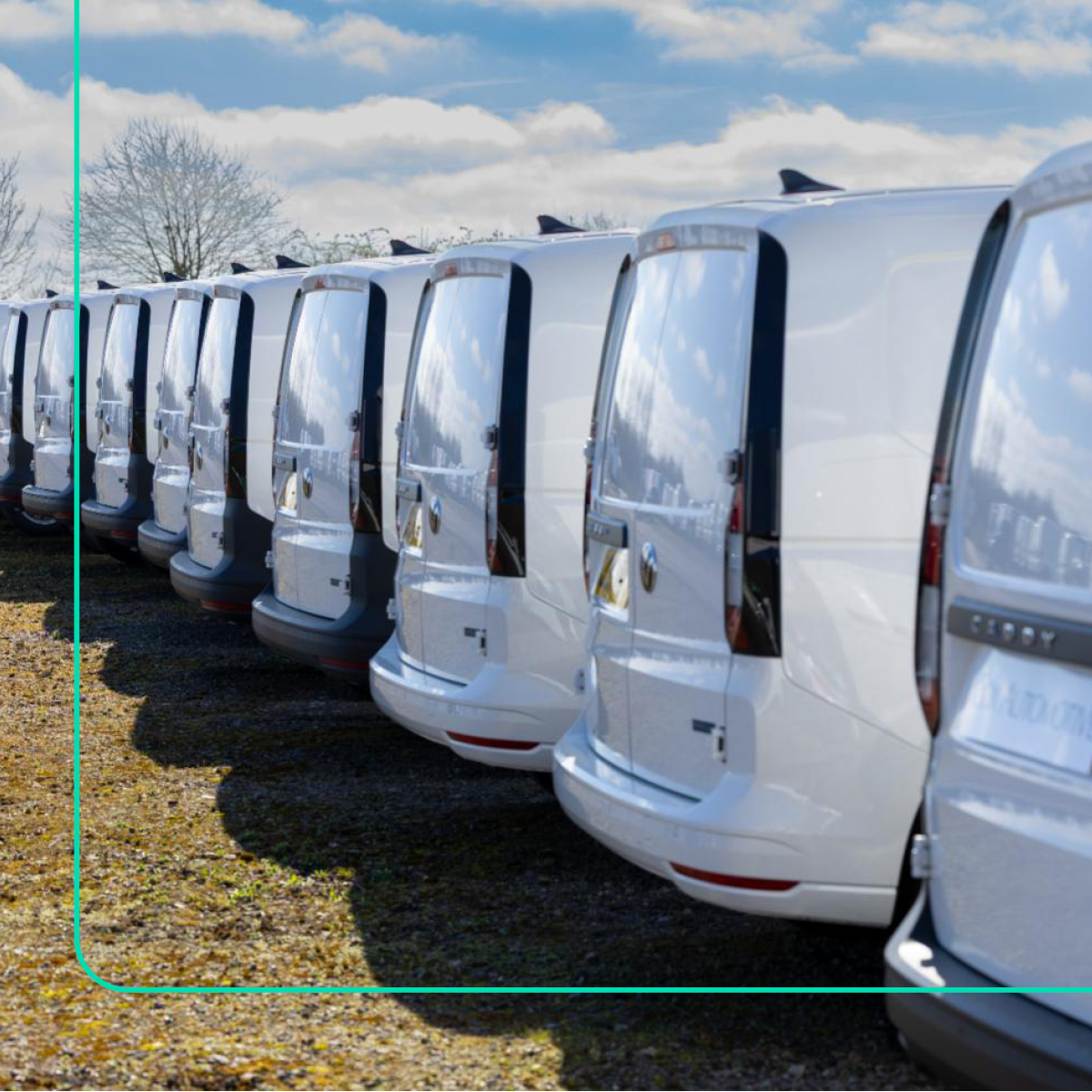 Row of new commercial vans ready for fleet delivery.