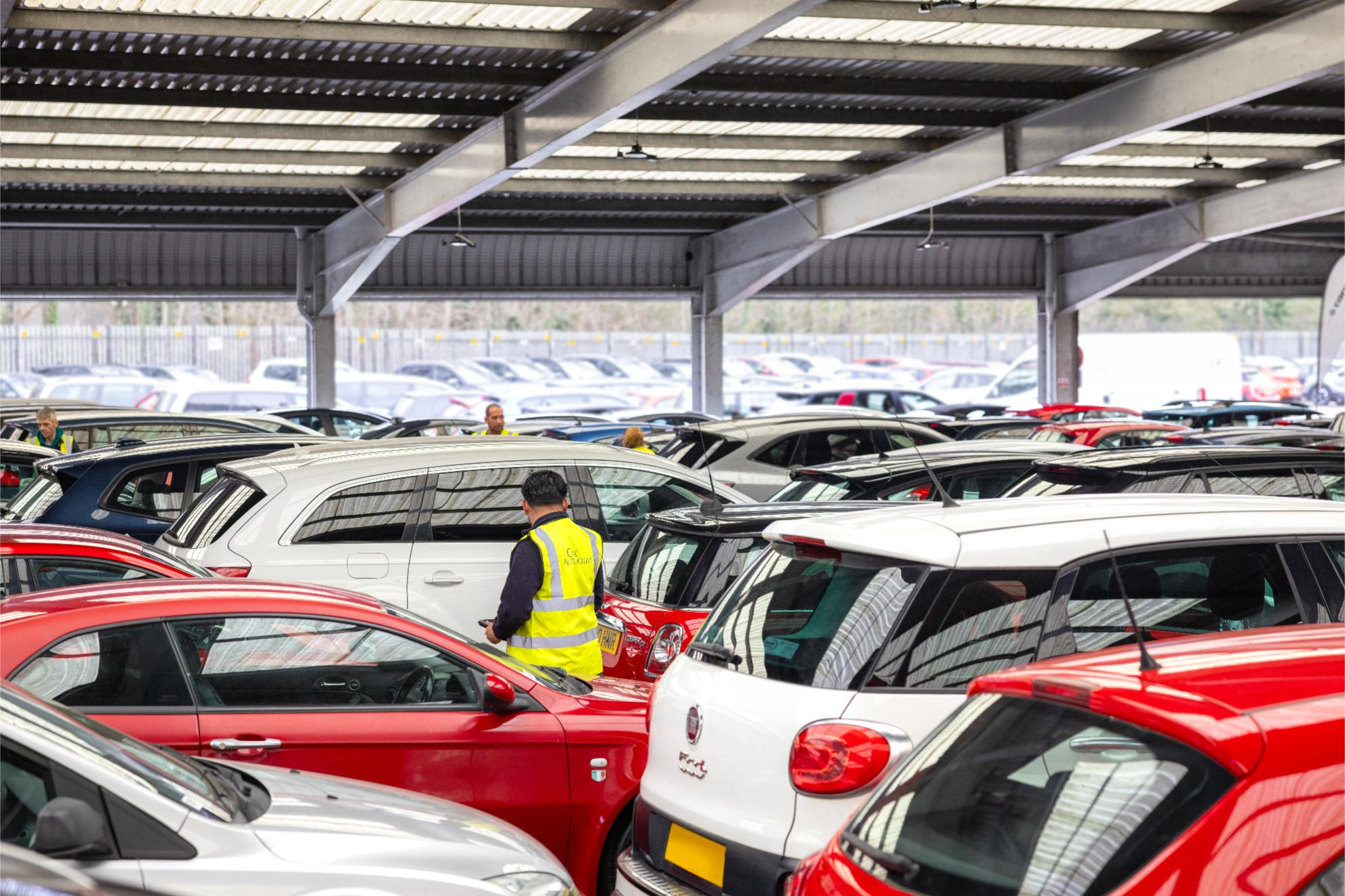 High-volume fleet vehicles at Cox Automotive auction yard for remarketing