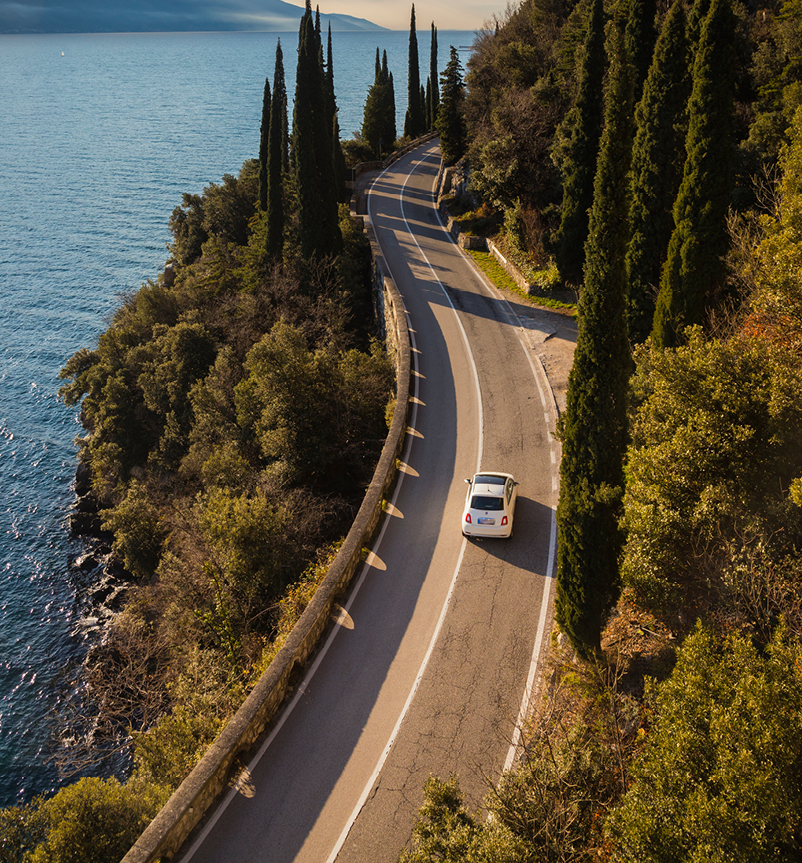 Aerial shot of car country road